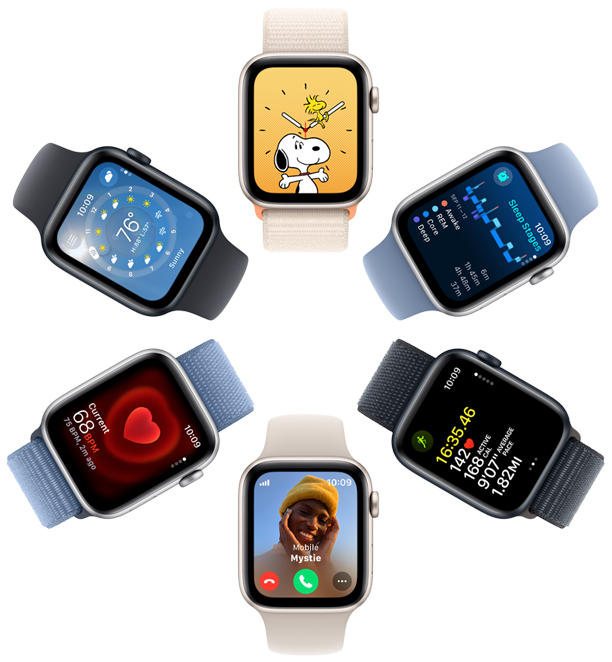 Seks Apple Watch SE-skærme vist ovenfra med en Nuser-baggrund, oplysninger fra Søvn-appen, målinger fra Træning-appen, et indgående opkald, puls og Vejr-appen.
