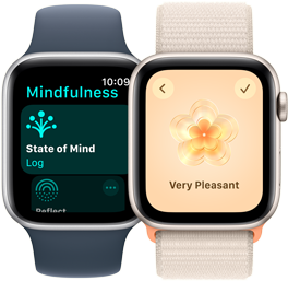 To Apple Watch SE-modeller. Den ene viser en skærm med Mindfulness-appen, hvor Sindsstemning er valgt. Den anden viser valgmuligheden "Meget behageligt" i Sindsstemning.