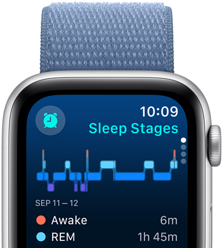 Skærm med Søvn-appen, der viser søvnstadier, minutter i vågen tilstand og minutter i REM-søvn.