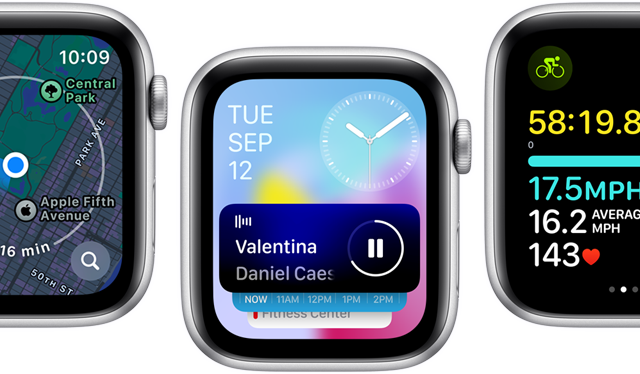 Apple Watch SE-skærme vist forfra med forskellige opdaterede appskærme.