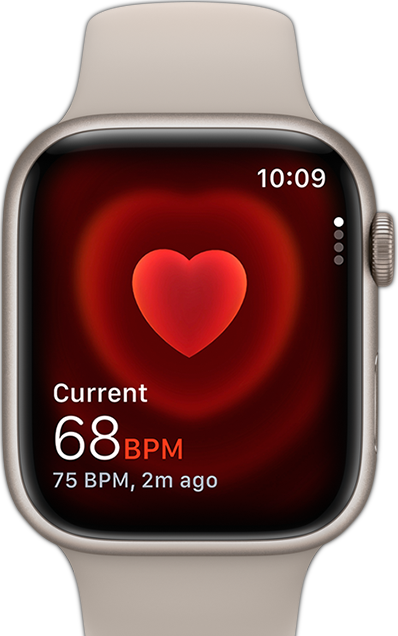 Et Apple Watch set forfra, der viser brugerens puls.