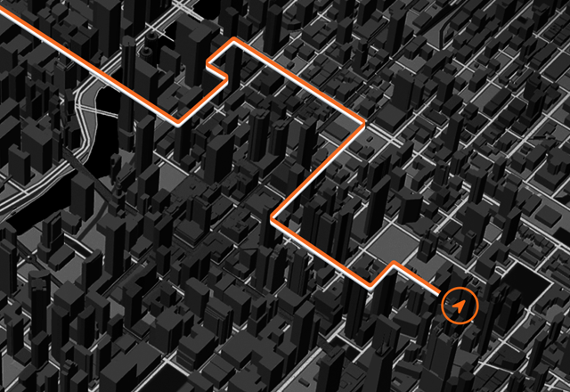 Et kort med en fremhævet rute gennem et tætbebygget område for at vise GPS'ens nøjagtighed