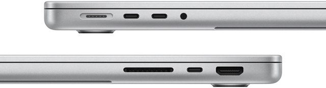 14" MacBook Pro med M3 Pro-chip vist fra siden med følgende porte: venstre side, MagSafe-port, to Thunderbolt 4-porte og jackstik til hovedtelefoner, højre side, SDXC-kortplads, en Thunderbolt 4-port og HDMI-port