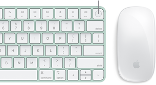 Nærbillede af Magic Keyboard med Touch ID vist ovenfra ved siden af Magic Mouse.