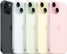 iPhone 15 vist bagfra med avanceret kamerasystem og indfarvet glas i alle farver: sort, blå, grøn, gul, lyserød.