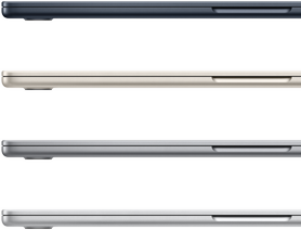 Fire bærbare MacBook Air-computere viser de tilgængelige farver: midnat, stjerneskær, space grey og sølv