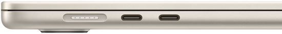MagSafe-port placeret længst væk i venstre side. To Thunderbolt-porte placeret i venstre side foran MagSafe-porten