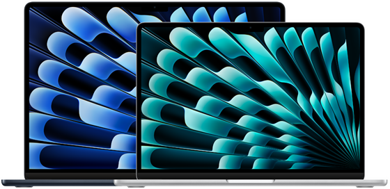 13" og 15" MacBook Air-modeller set forfra for at vise skærmstørrelserne (måles diagonalt)
