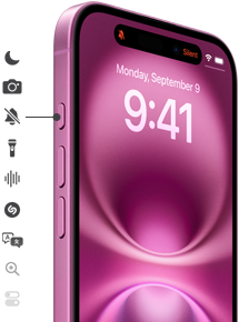 Du skal bare holde Handlingsknappen på iPhone 16 nede for at aktivere den ønskede funktion, f.eks. Fokus, Kamera-appen, Lydløs, Lommelygte, Indtalt memo eller Shazam