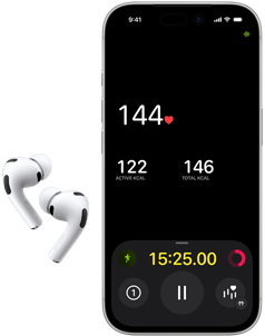 AirPods Pro 3 og den nederste halvdel af en iPhone 17 Pro-skærm med Fitness-appen, der viser pulsen