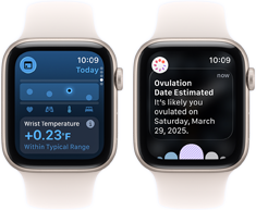 To Apple Watch SE 3-enheder med urkasser i aluminium i farven stjerneskær viser appen Vitalparametre