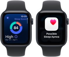 To Apple Watch SE 3-enheder med urkasser i aluminium i farven midnat viser Søvnresultat og en meddelelse om mulig søvnapnø