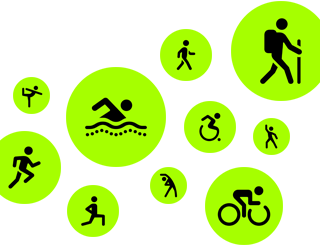 Træningssymboler med animerede tændstikmænd, der løber, går, svømmer, sidder i kørestol, vandrer, cykler, laver en fitnessøvelse, danser, strækker ud og dyrker yoga