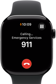 Apple Watch Series 11 med urkasse i pianosort aluminium, et opkald til alarmcentralen på skærmen, Digital Crown i højre side, sort sportsrem