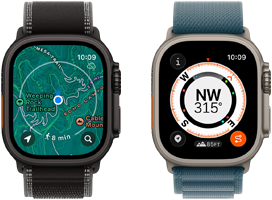 To Apple Watch Ultra 3-enheder, den ene viser kort, og den anden viser funktionen Find tilbage med kompas, højdemåling og markerede rutepunkter