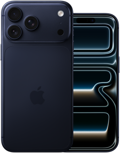 iPhone-modeller vist ved siden af hinanden, iPhone 17 Pro Max vist bagfra, Pro-kamerasystem, tre objektiver, mikrofon, blitz, farven dybblå, iPhone 17 Pro vist forfra med skærm fra kant til kant, farven dybblå