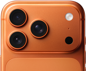 iPhone 17 Pro i kosmisk orange vist bagfra, Pro-kamerasystem i øverste venstre hjørne, tre objektiver, mikrofon, blitz