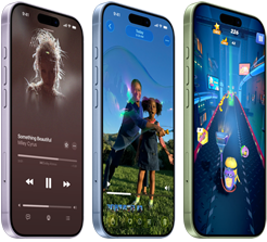 iPhone 17-enheder vist forfra og fra siden. De demonstrerer Apple Music, videoafspilning, gaming, Handlingsknap, lydstyrkeknapper