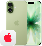 Salviegrøn iPhone 17 vist bagfra med Fusion-dobbeltkamerasystem. Forfra vises Dynamic Island, tynd sort skærmkant og AppleCare+-logo.