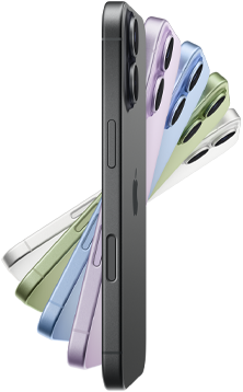 iPhone 17 vist fra siden i fem farver: sort, lavendel, støvet lyseblå, salviegrøn og hvid.