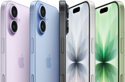iPhone 17 vist forfra, bagfra og fra siden i fem farver: lavendel, støvet lyseblå, sort, hvid og salviegrøn.