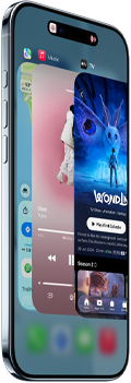 iPhone Air vist forfra og fra siden, tynd profil, Dynamic Island i midten øverst, funktionen Appskifter i brug, knapper: Handling, lydstyrke