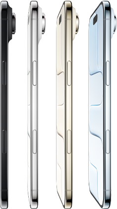 iPhone Air vist fra siden med meget tynd profil, Fusion-kamerasystem, knapper: sideknap, Kamerabetjening. I alle fire farver: himmelblå, lyst guld, skyhvid og space black