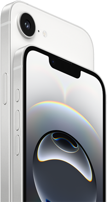 iPhone 16e i hvid vist fra siden med Handlingsknap og lydstyrkeknapper på siden og Fusion-kamera på bagsiden