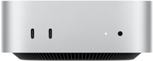 Sølvfarvet Mac mini vist forfra, kabinet med to USB-C-porte, afbryderknap, statuslys, ventilationsgitter nederst