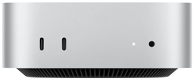 Sølvfarvet Mac mini vist forfra, kabinet med to USB-C-porte, afbryderknap, statuslys, ventilationsgitter nederst