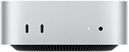 Sølvfarvet Mac mini vist forfra, kabinet med to USB-C-porte, afbryderknap, statuslys, ventilationsgitter nederst