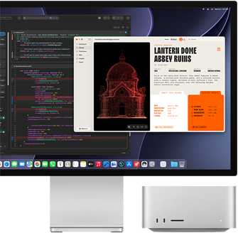 Studio Display XDR-skærm, der viser et dokument, som behandles i Claude Agent i XCode, samt Mac Studio vist forfra
