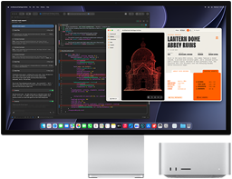Studio Display XDR-skærm, der viser et dokument, som behandles i Claude Agent i XCode, samt Mac Studio vist forfra