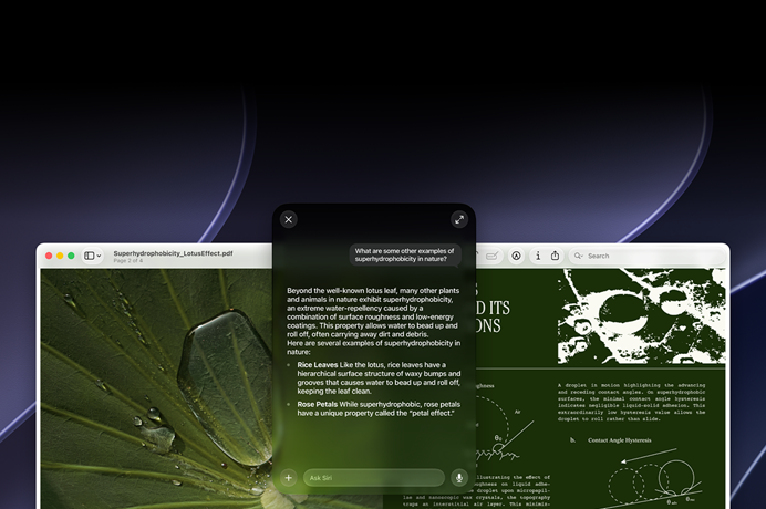 Demonstration af Siri og Visuel intelligens, brugeren spørger om et emne i en PDF på en Mac-skærm, Kan du give mig andre eksempler på superhydrofobe egenskaber i naturen?, Siris svar