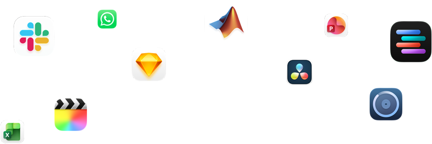 Forskellige appsymboler er arrangeret rundt om teksten: Lad dine professionelle apps flyve