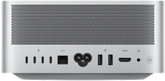 Mac Studio, vist bagfra, perforeret aluminium til ventilation, fire Thunderbolt 5-porte, en Ethernet-port, et strømstik, to USB-A-porte, en HDMI-port, et jackstik til hovedtelefoner og en afbryderknap