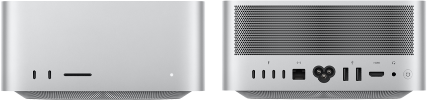 Sølvfarvet Mac Studio vist forfra med to USB-C-porte, SDXC-kortplads, statusindikatorlys, konisk bund, plan overside, afrundede sider og lige kanter og Mac Studio vist bagfra med perforeret aluminium til ventilation, fire Thunderbolt 5-porte, en Ethernet-port, et strømstik, to USB-A-porte, en HDMI-port, et jackstik til hovedtelefoner og en afbryderknap