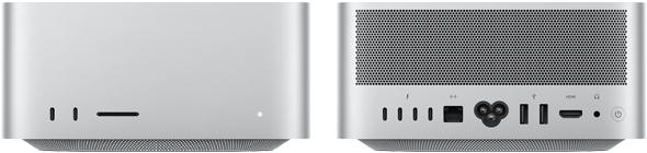 Sølvfarvet Mac Studio vist forfra med to USB-C-porte, SDXC-kortplads, statusindikatorlys, konisk bund, plan overside, afrundede sider og lige kanter og Mac Studio vist bagfra med perforeret aluminium til ventilation, fire Thunderbolt 5-porte, en Ethernet-port, et strømstik, to USB-A-porte, en HDMI-port, et jackstik til hovedtelefoner og en afbryderknap
