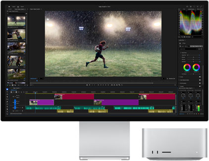 Studio Display XDR med indbygget fod, Mac Studio passer perfekt under skærmen, på skærmen vises redigeringsværktøjer til video og farvekorrigering