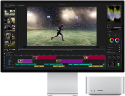 Studio Display XDR med indbygget fod, Mac Studio passer perfekt under skærmen, på skærmen vises redigeringsværktøjer til video og farvekorrigering