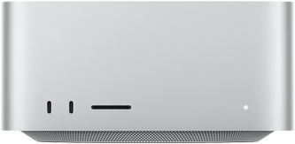 Sølvfarvet Mac Studio vist forfra, to USB-C-porte, SDXC-kortplads, statusindikatorlys, konisk bund, plan overside, afrundede sider, lige kanter