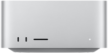 Sølvfarvet Mac Studio vist forfra, to USB-C-porte, SDXC-kortplads, statusindikatorlys, konisk bund, plan overside, afrundede sider, lige kanter