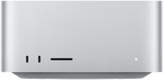 Sølvfarvet Mac Studio vist forfra, to USB-C-porte, SDXC-kortplads, statusindikatorlys, konisk bund, plan overside, afrundede sider, lige kanter