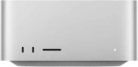 Mac Studio i farven sølv vist forfra, to USB-C-porte, SDXC-kortplads, statusindikatorlys, konisk bund, plan overside, afrundede sider, lige kanter