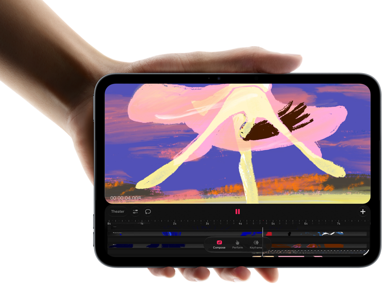 iPad mini vist forfra i en hånd, skærmen viser en brugerflade til videoredigering med farverige klip, A20 Pro-chippen nævnes herunder
