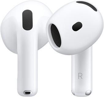 Bagsiden af den venstre AirPod og forsiden af den højre AirPod. På staven på den ene AirPod angiver bogstavet R, at den hører til det højre øre