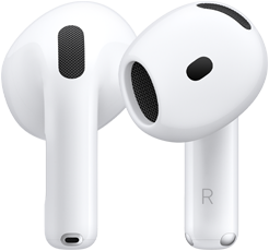 Bagsiden af den venstre AirPod og forsiden af den højre AirPod. På staven på den ene AirPod angiver bogstavet R, at den hører til det højre øre