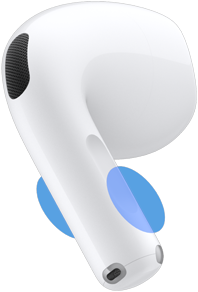 En AirPods 5-øretelefon vises med blå cirkler, der angiver, hvor brugeren skal røre ved staven for at justere lydstyrken