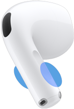 En AirPods 5-øretelefon vises med blå cirkler, der angiver, hvor brugeren skal røre ved staven for at justere lydstyrken
