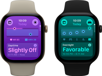 To Apple Watch Series 12-enheder: urkasse i aluminium i farven lyst guld, daglige vitalparametre “lidt afvigende”, Digital Crown, Sportsrem i farven sand, urkasse i sort aluminium, natlige vitalparametre er normale, Digital Crown, sort Sportsrem